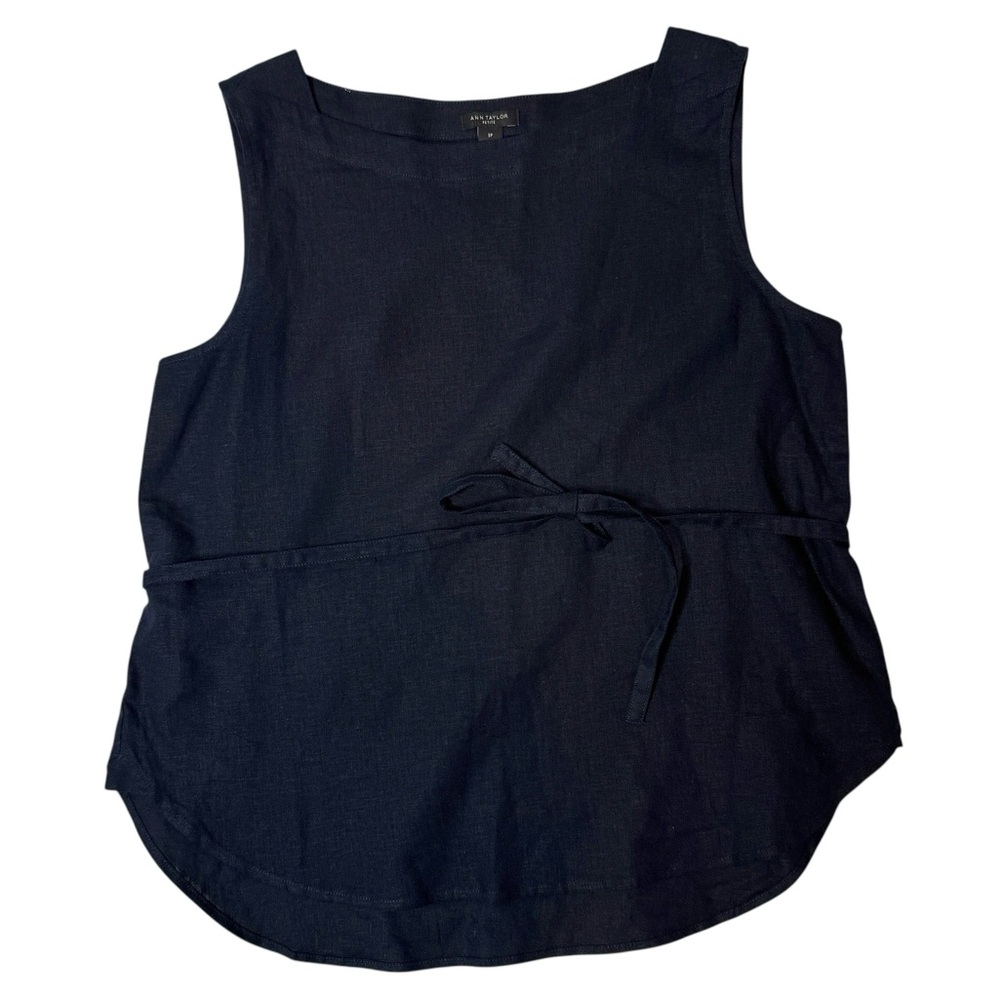 Ann Taylor Linen Blend Belted Gusset Popover Sleeveless Top Navy Small Petite
